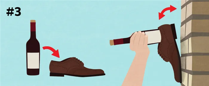 Открытие бутылки вина ботинком