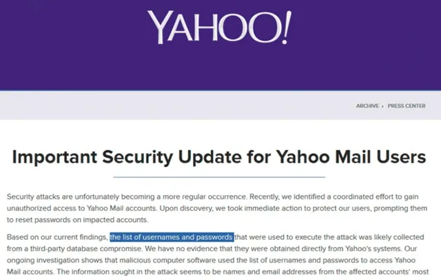 Сообщение Yahoo о краже логинов и паролей пользователей