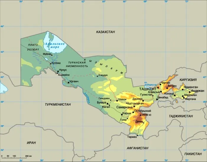 Физическая карта Узбекистана