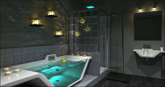 Необычную игру света дает ванная с прозрачной стенкой и стеклоблоки