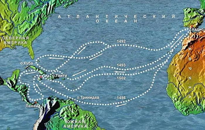 Карта путешествий Христофора Колумба.