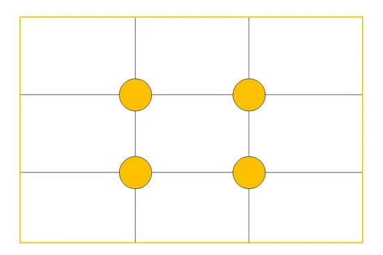 По правилу третей в жёлтых кругах или непосредственно рядом с ними стоит располагать фотографируемый объект.