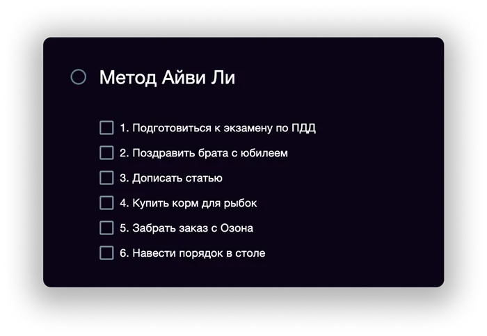 Пример планирования дня по методу Айви Ли